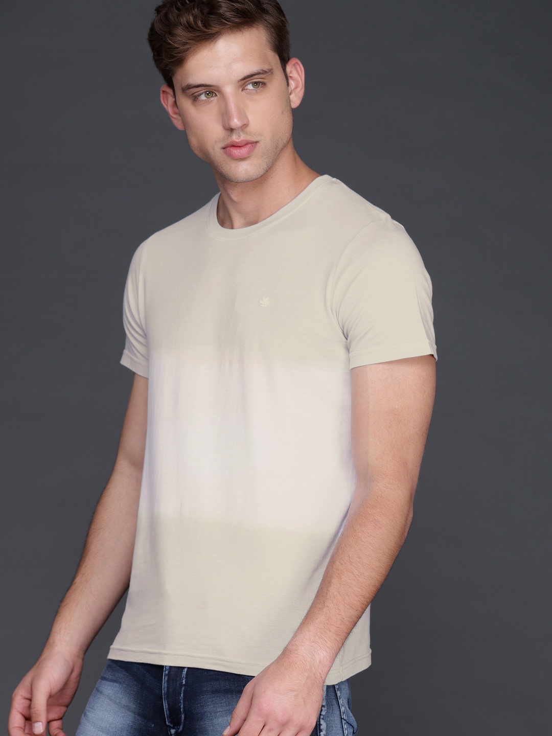 

WROGN Men Beige White Dyed Round Neck Pure Cotton T-shirt