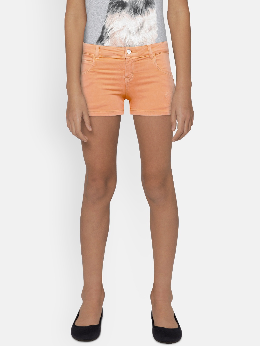 

Gini and Jony Girls Peach-Coloured Solid Regular Fit Denim Shorts