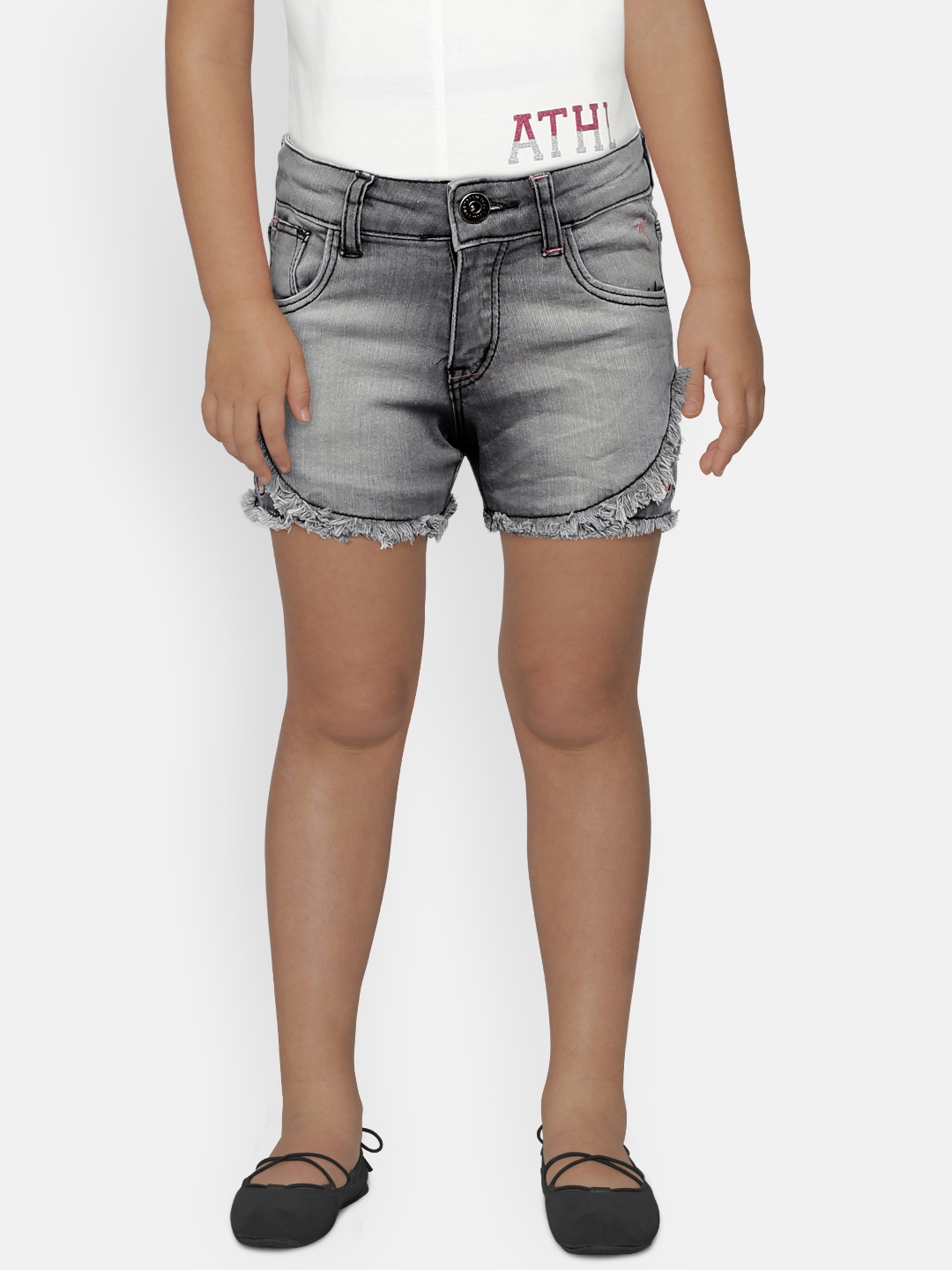 

Palm Tree Girls Grey Washed Embroidered Slim Fit Denim Shorts