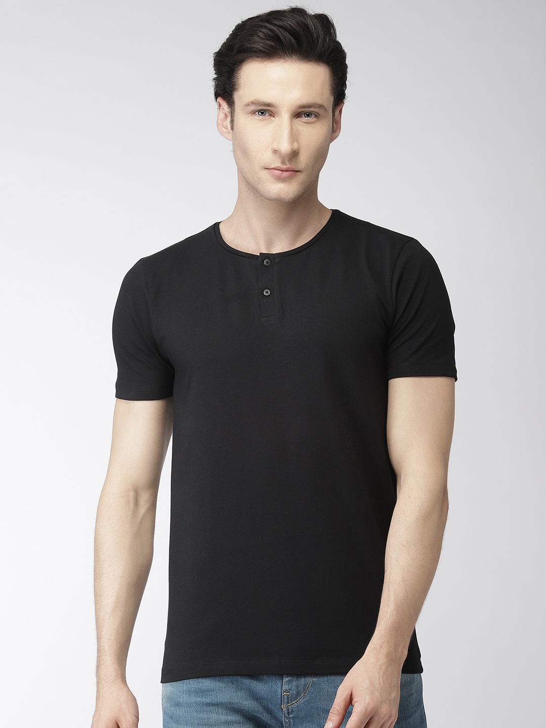 

Bossini Men Black Solid Henley Neck T-shirt