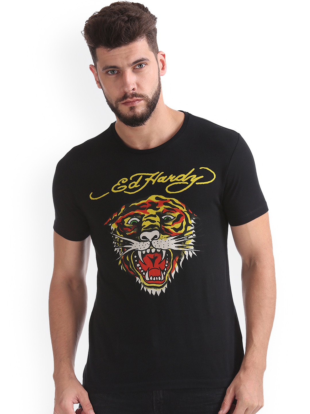 

Ed Hardy Men Black Printed Round Neck Pure Cotton T-shirt