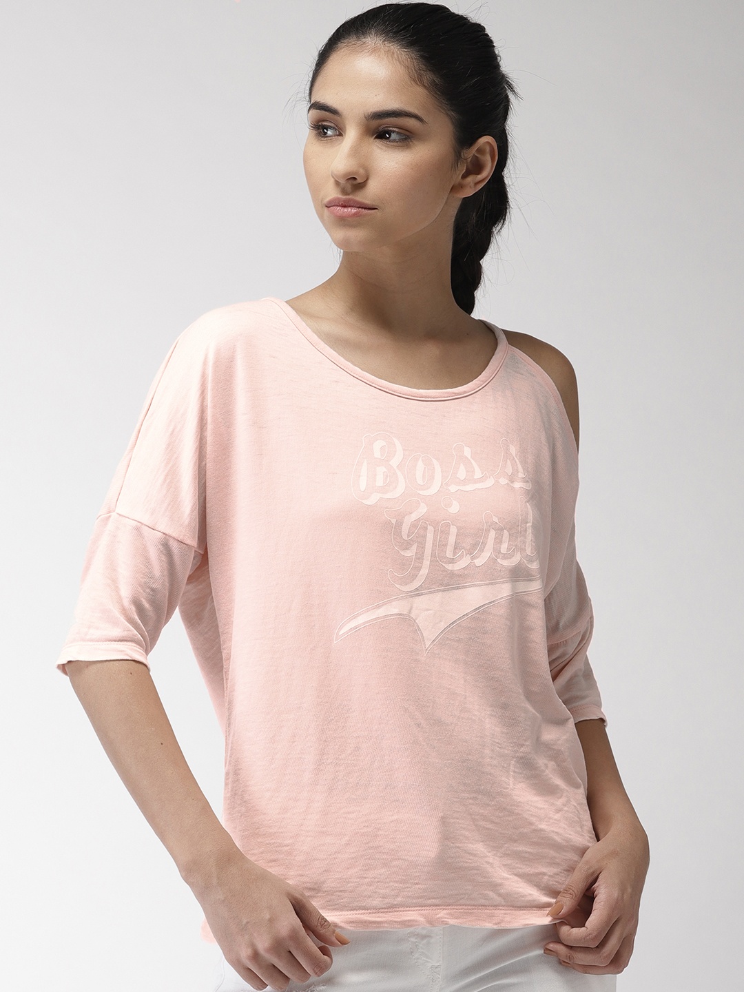 

Flying Machine Women Peach-Coloured Cold-Shoulder Printed Top