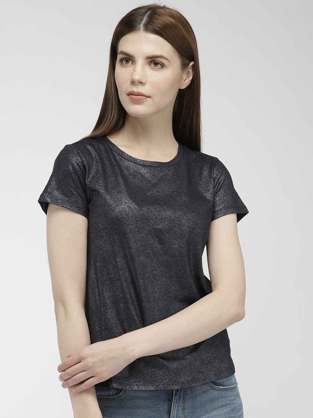 

Flying Machine Women Black Sheen Round Neck Pure Cotton T-shirt