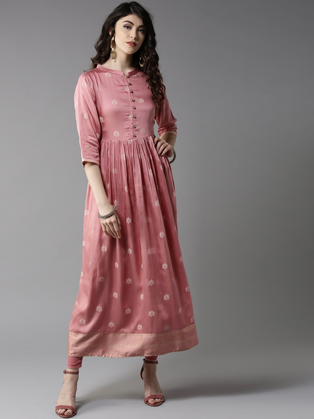 

Moda Rapido Women Dusty Pink & Beige Printed A-Line Kurta