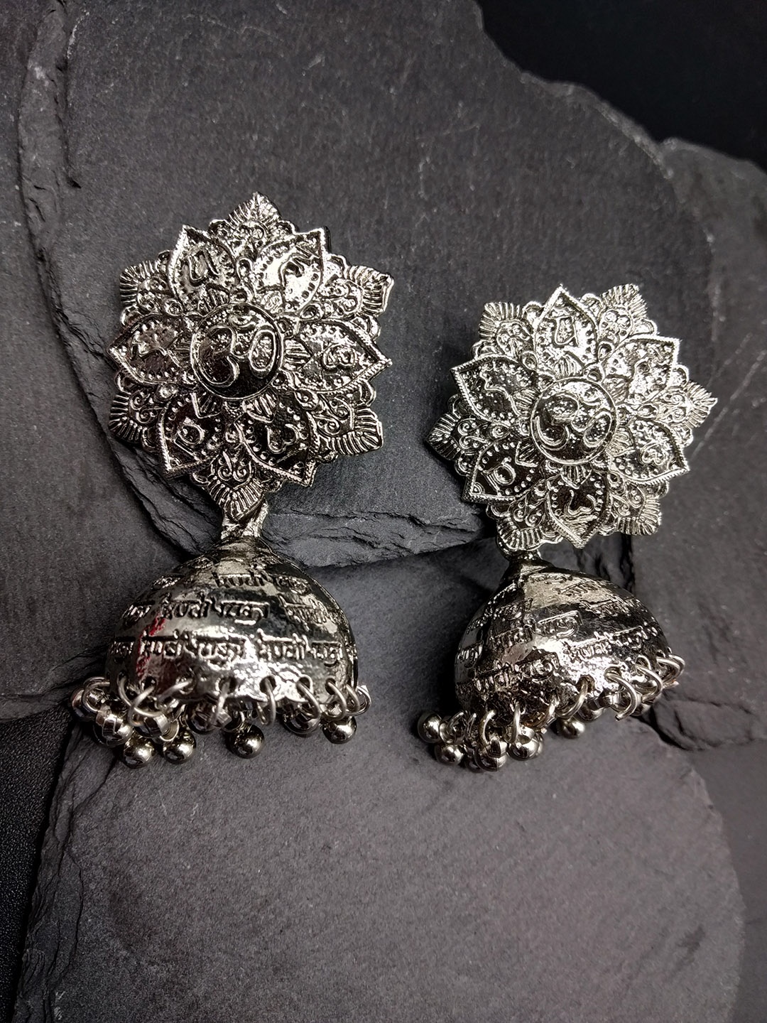 

Fida Silver-Toned Dome Shaped Oxidised Jhumkas