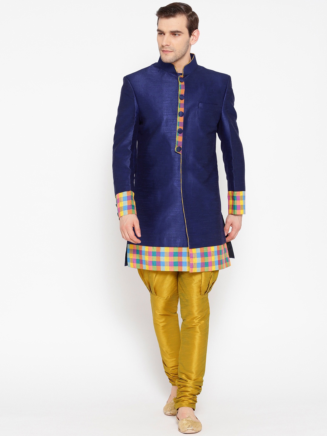 

Manish Creations Men Navy Blue & Mustard Yellow Solid Sherwani