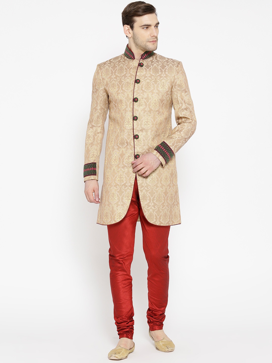 

Manish Creations Beige & Red Woven Design Handicraft Sherwani