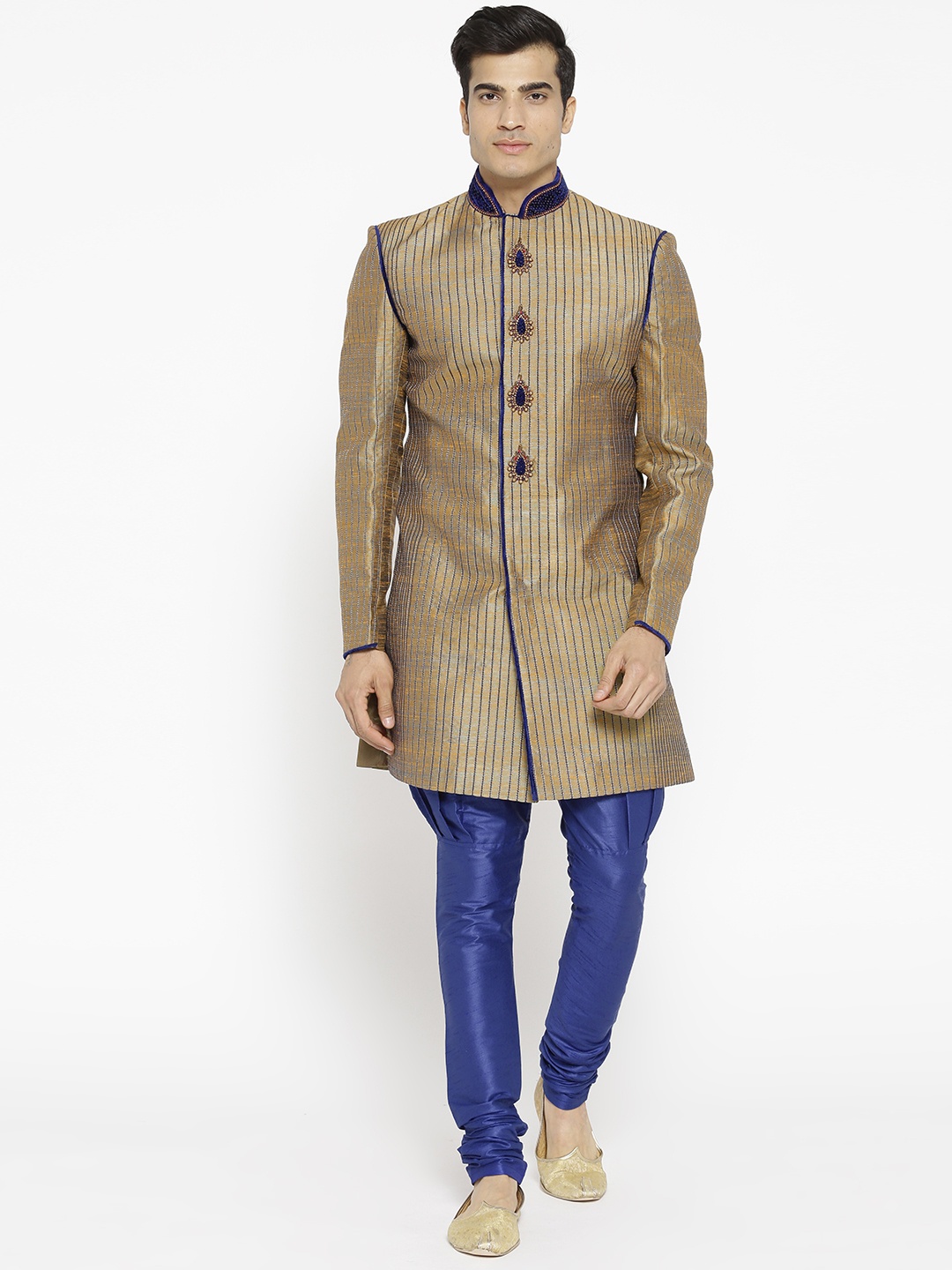 

Manish Creations Men Mustard Yellow & Blue Self-Striped Sherwani