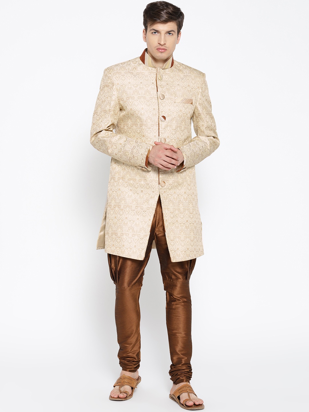 

Manish Creations Men Beige & Bronze Woven-Design Sherwani with Jodhpuri pants