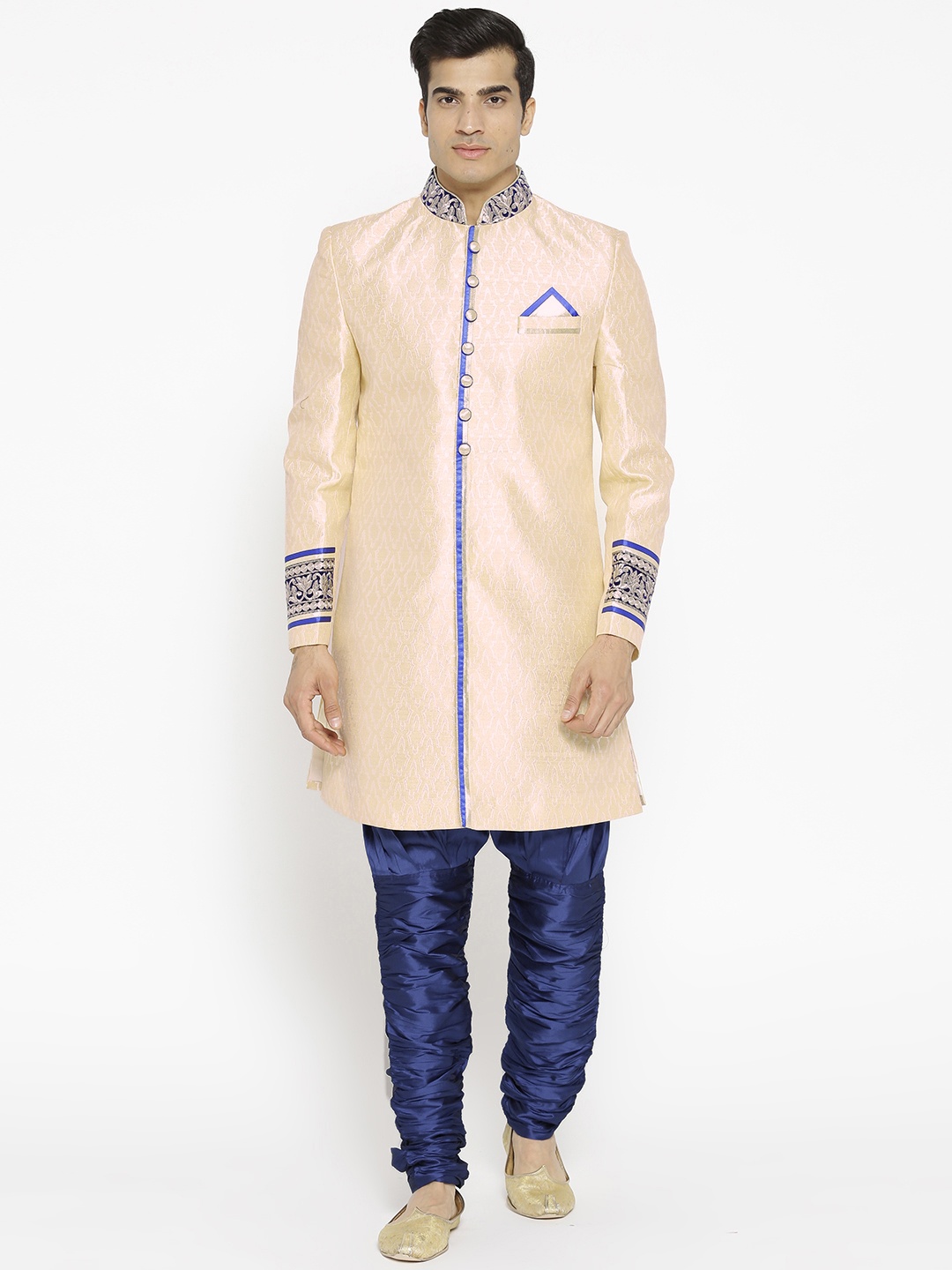 

Manish Creations Men Beige & Navy Blue Woven Design Handicraft Sherwani