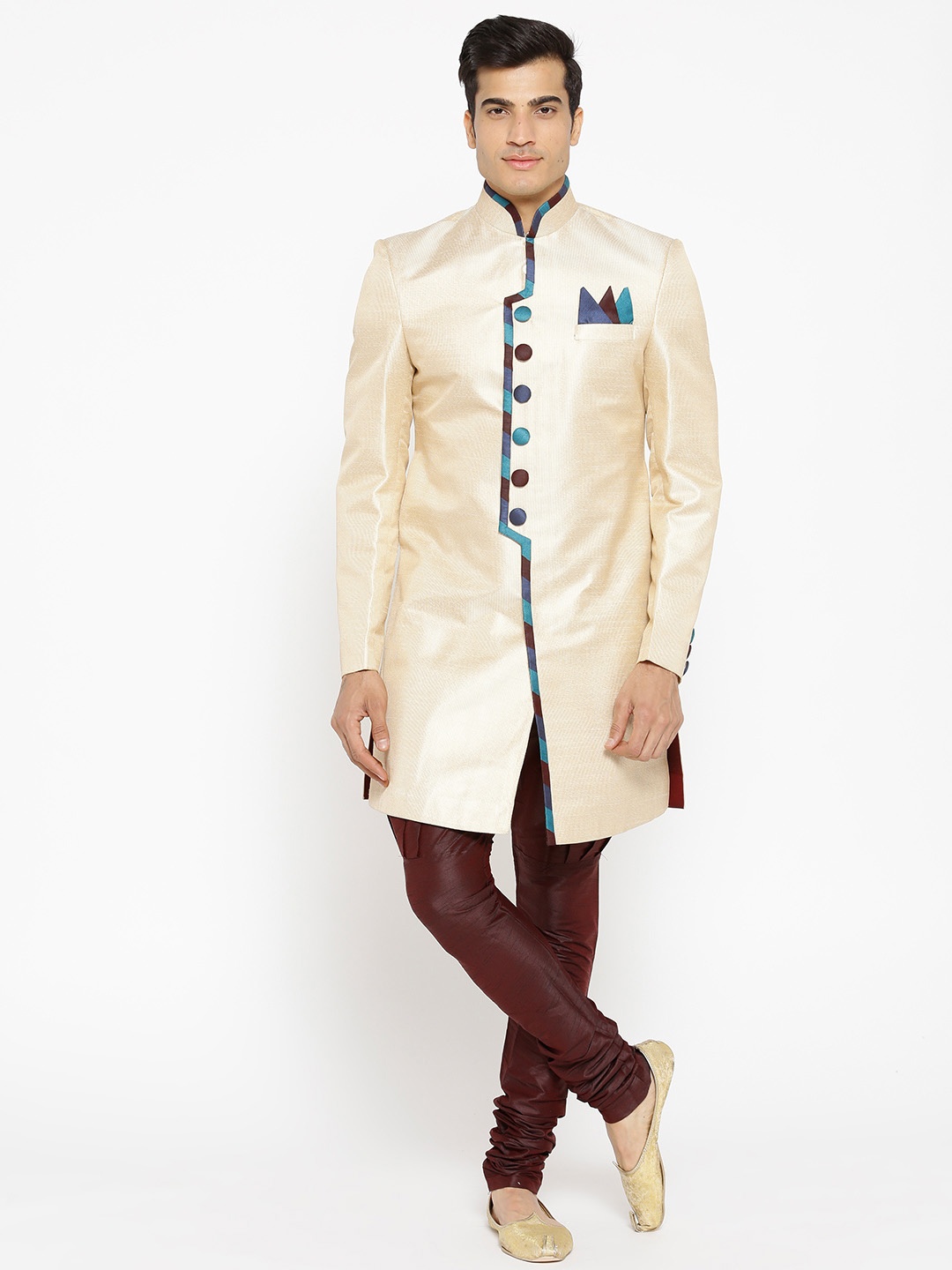 

Manish Creations Men Beige & Coffee Brown Self Striped Handicraft Sherwani, Na