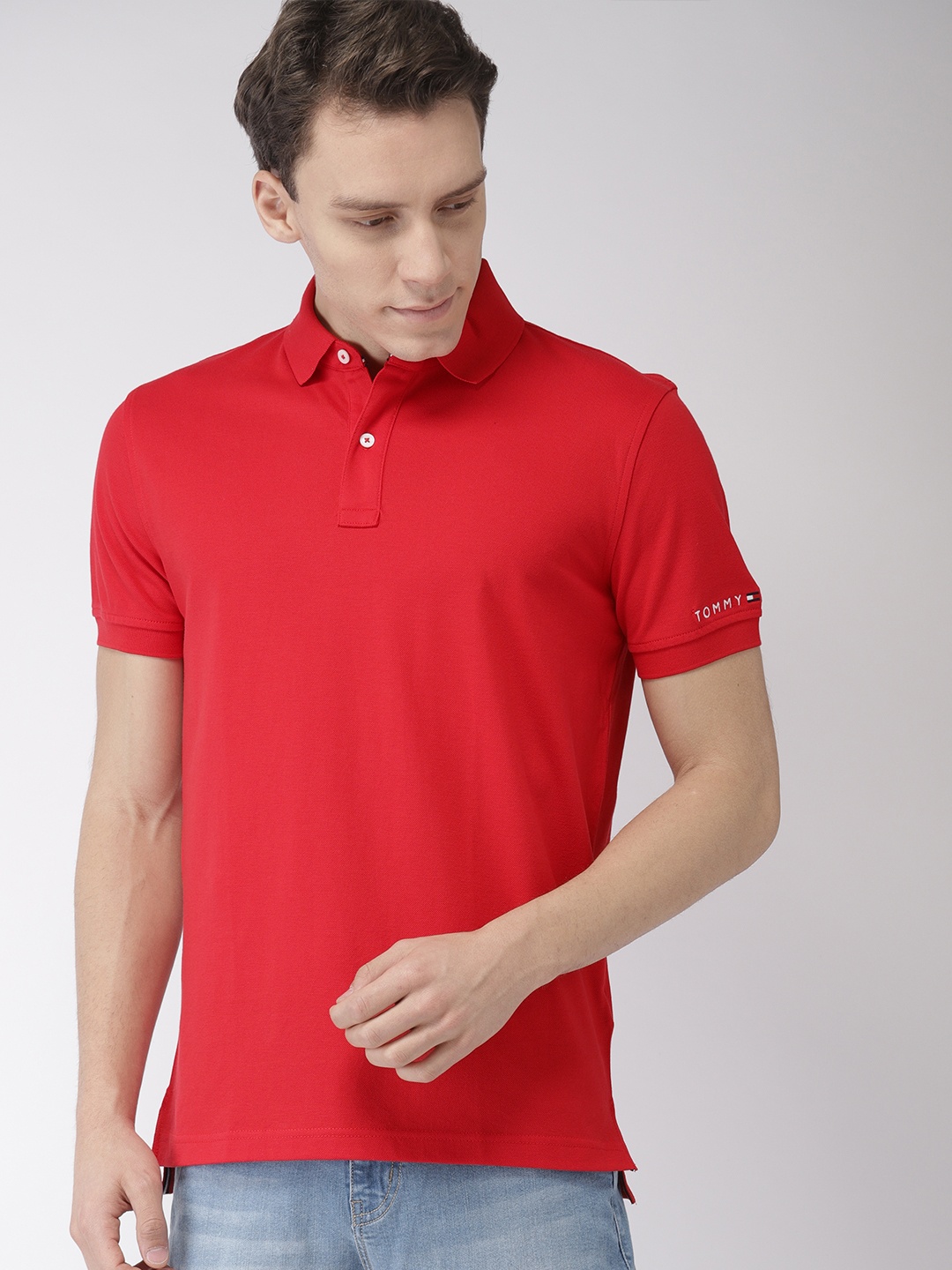 

Tommy Hilfiger Men Red Solid Polo Collar Pure Cotton T-shirt