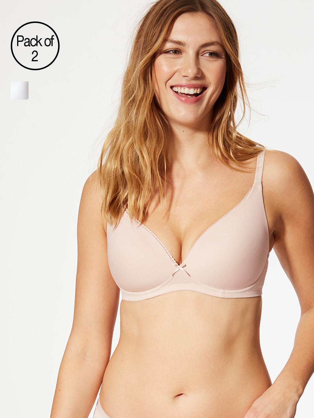 

Marks & Spencer White & Nude-Coloured Solid Underwired Lightly Padded Everyday Bra