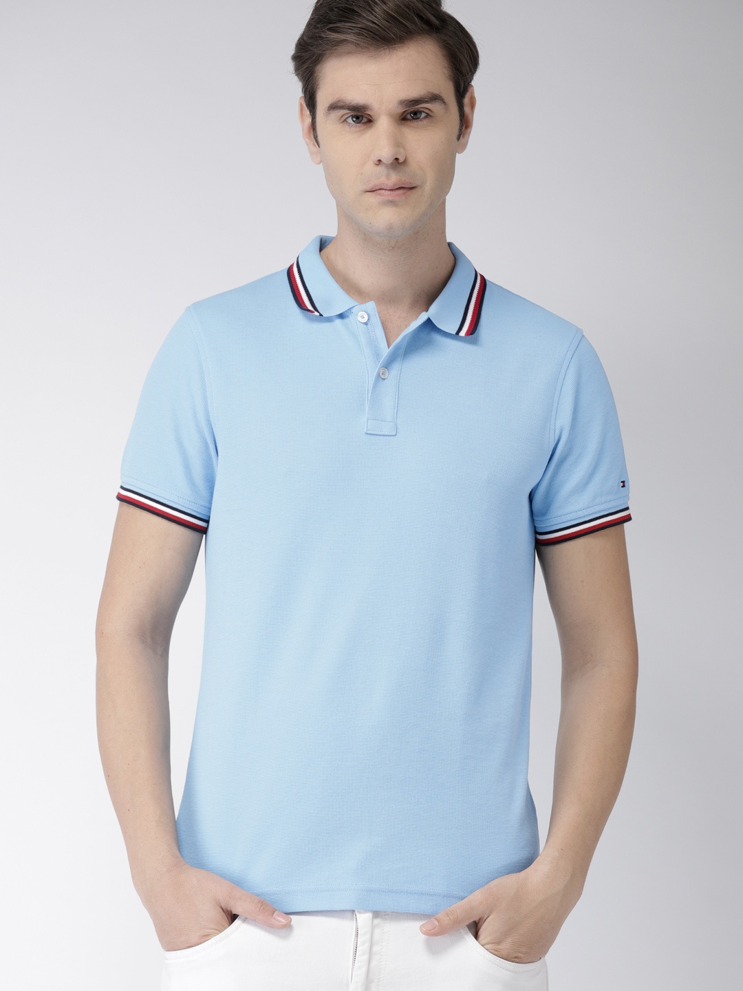 

Tommy Hilfiger Men Blue Slim Fit Solid Polo Collar Pure Cotton T-shirt