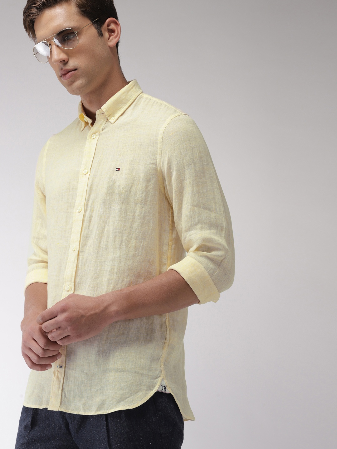 

Tommy Hilfiger Men Yellow Linen Regular Fit Solid Casual Shirt