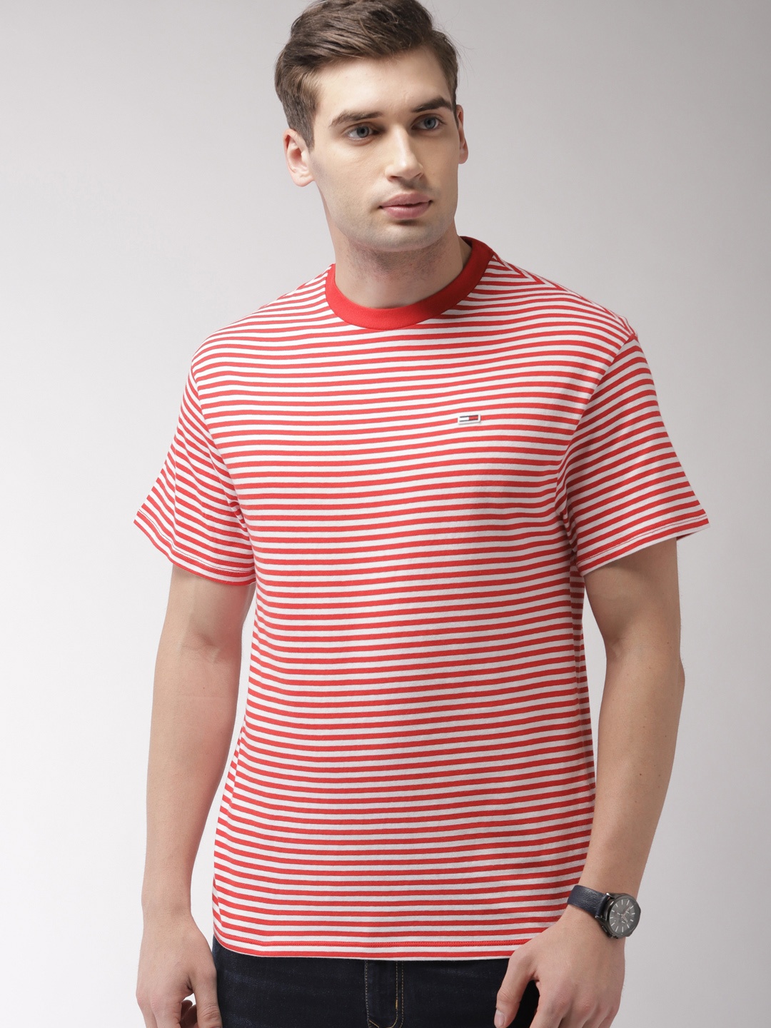 

Tommy Hilfiger Men Red White Striped Round Neck Pure Cotton T-shirt