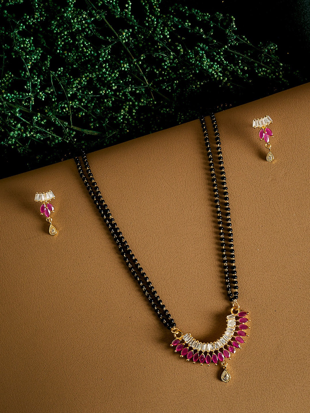 

PANASH Gold-Plated & Pink CZ Stone-Studded Mangalsutra With Earrings