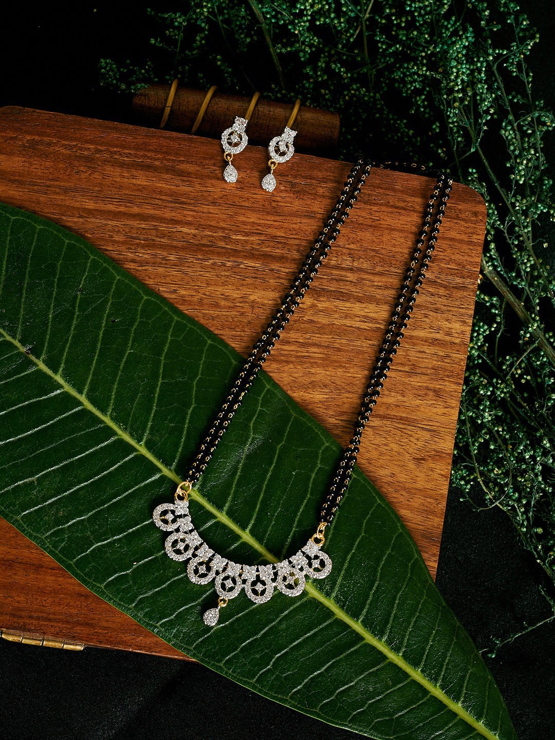 

PANASH Gold-Plated White Solitaire CZ Stone-Studded Mangalsutra With Earrings
