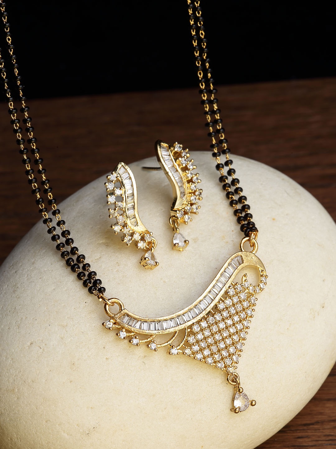 

PANASH Gold-Plated & White CZ Stone-Studded Mangalsutra With Earrings