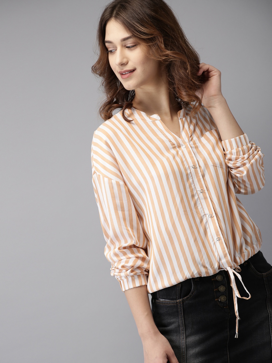 

HERE&NOW Women White & Beige Striped Shirt Style Top