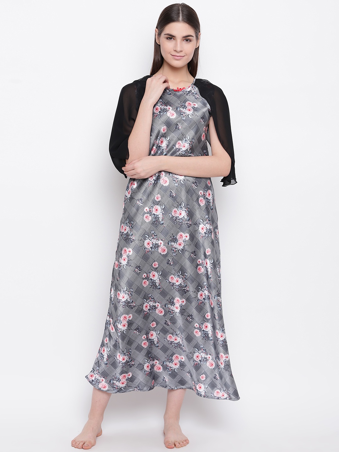 

Sweet Dreams Charcoal Grey & Off-White Printed Satin Finish Maxi Nightdress