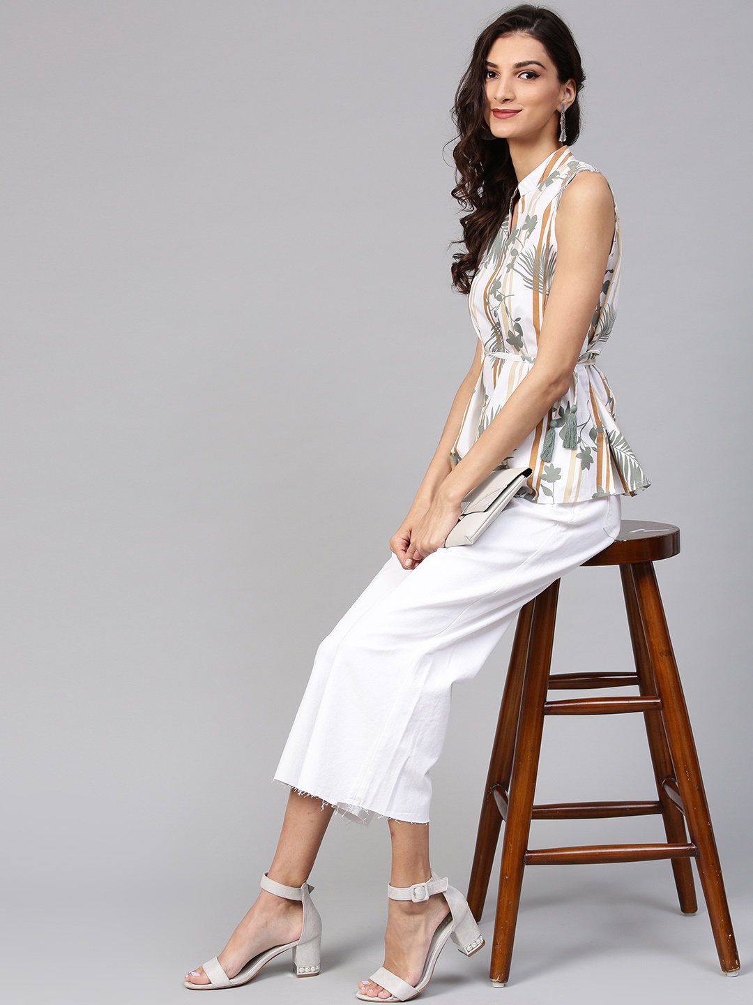 

STREET 9 Women White & Grey Printed Cinched Waist Pure Cotton Top with Tie-Up Detail