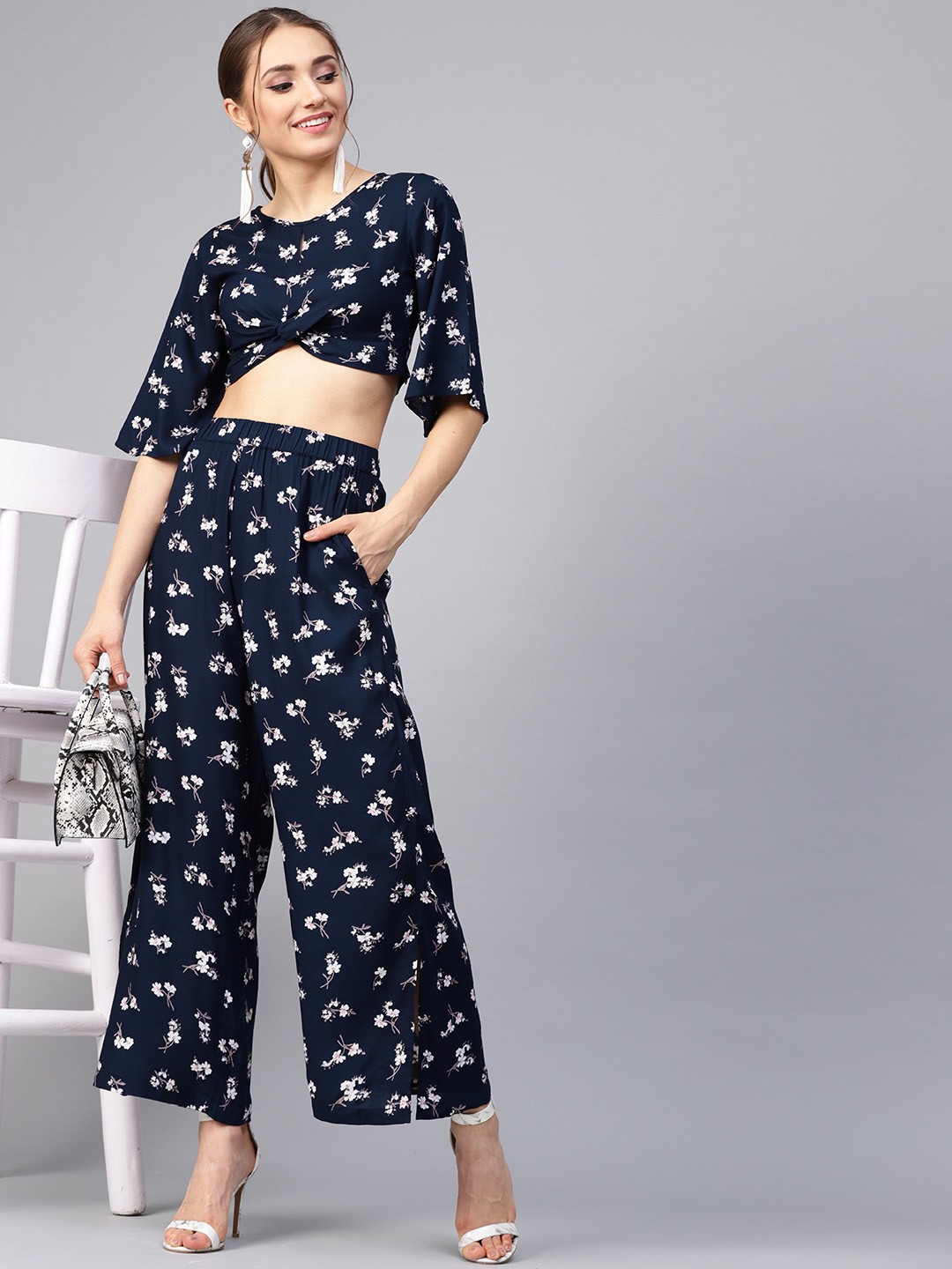 

STREET 9 Women Navy Blue & White Printed Crop Top with Palazzos