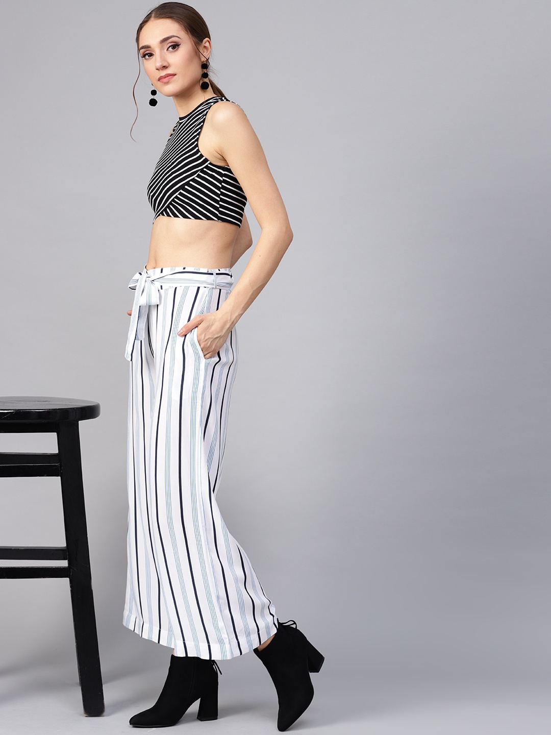 

STREET 9 Women White & Blue Regular Fit Striped Parallel Trousers