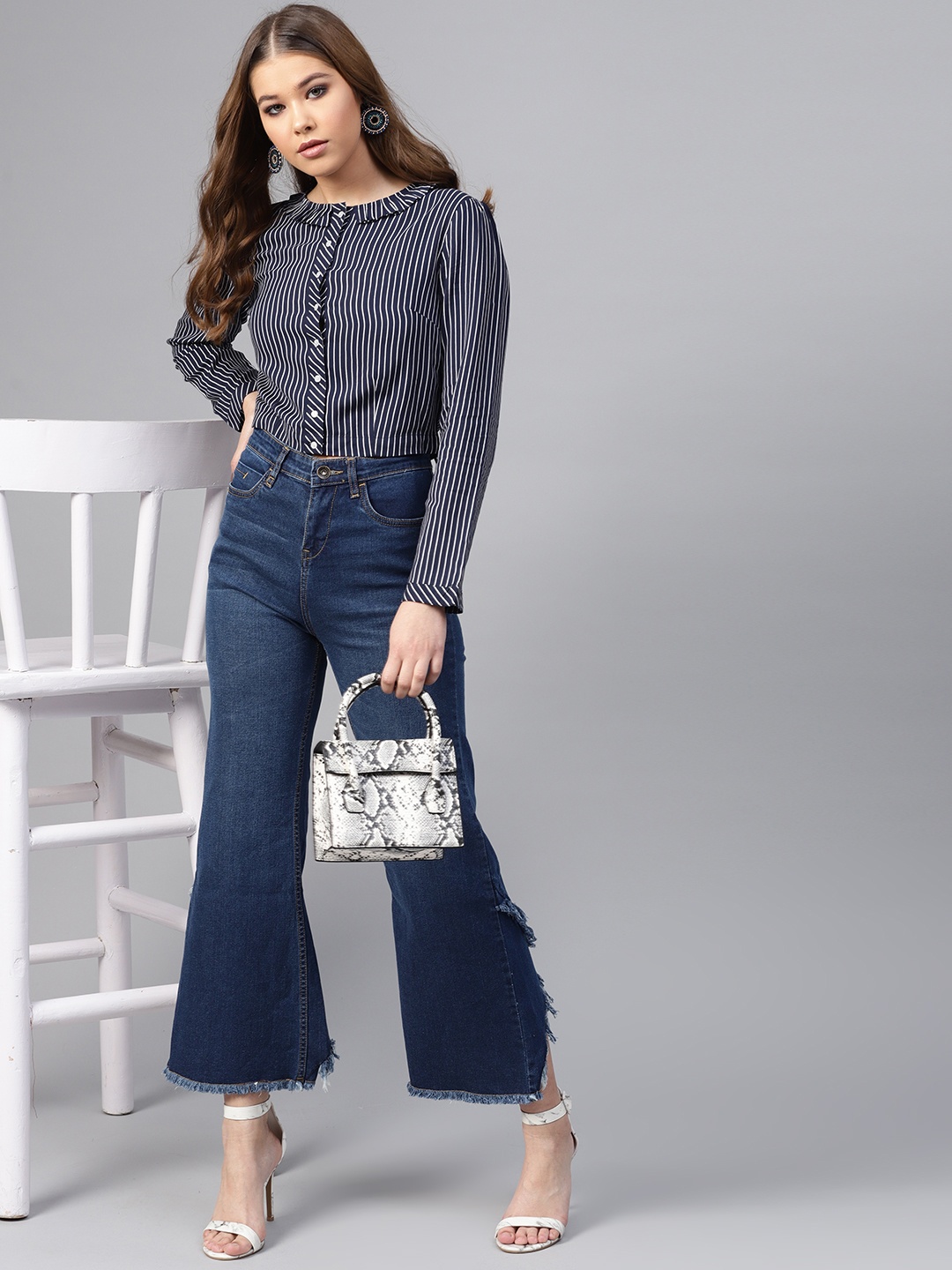 

STREET 9 Women Navy Blue & White Striped Shirt Style Top