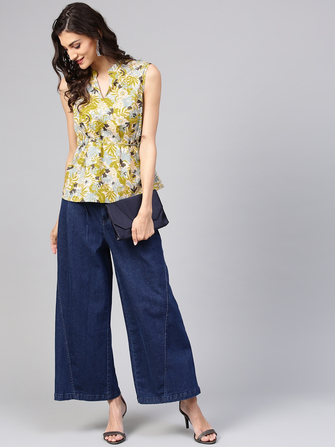 

STREET 9 Women Olive Green & Blue Printed Cinched Waist Pure Cotton Top with Tie-Up Detail