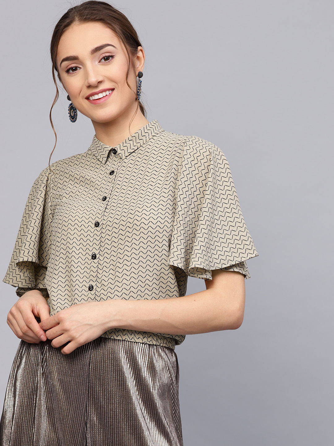 

STREET 9 Women Beige & Black Printed Shirt Style Top