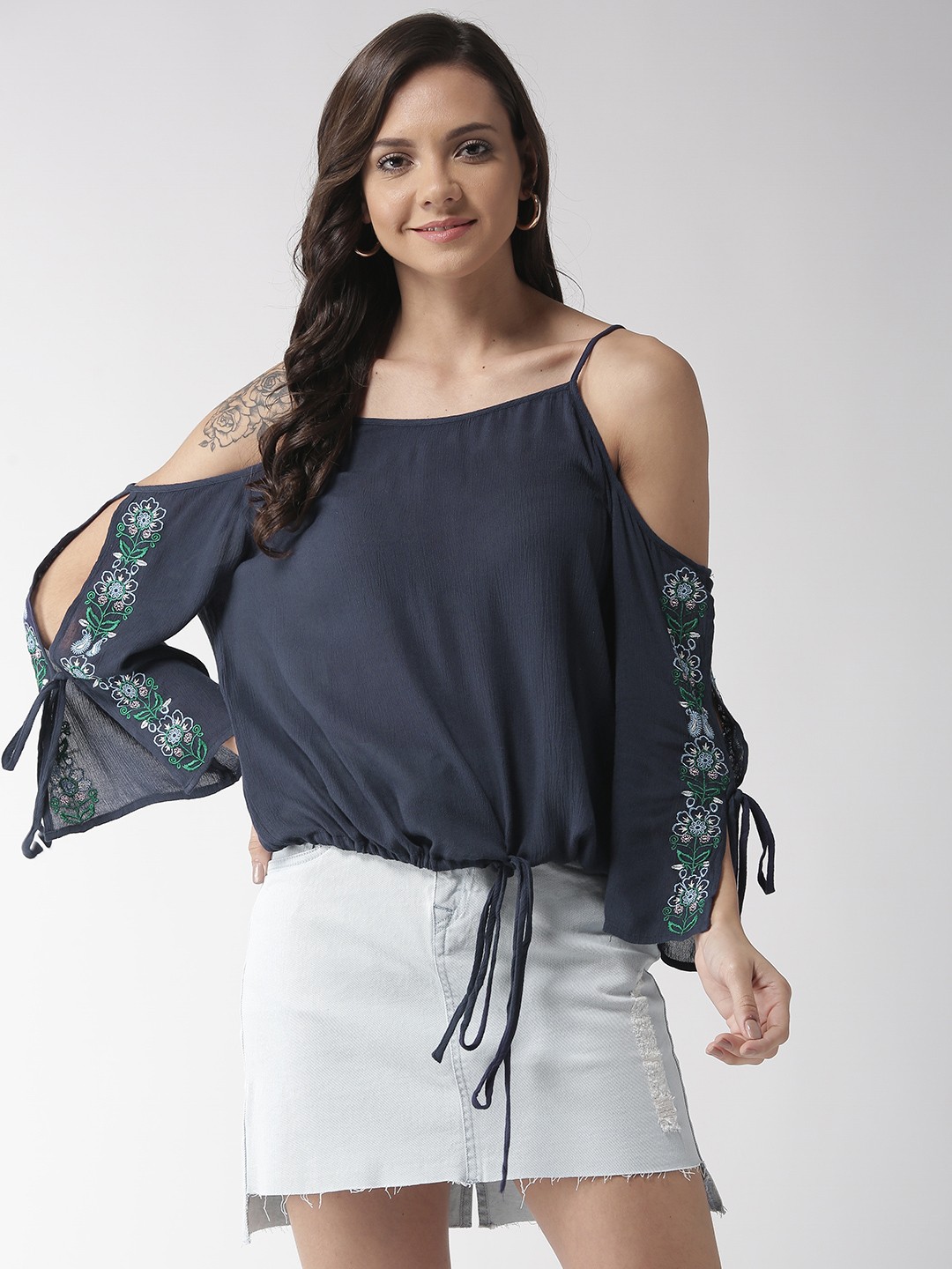 

Madame Women Navy Blue Solid Blouson Pure Cotton Top