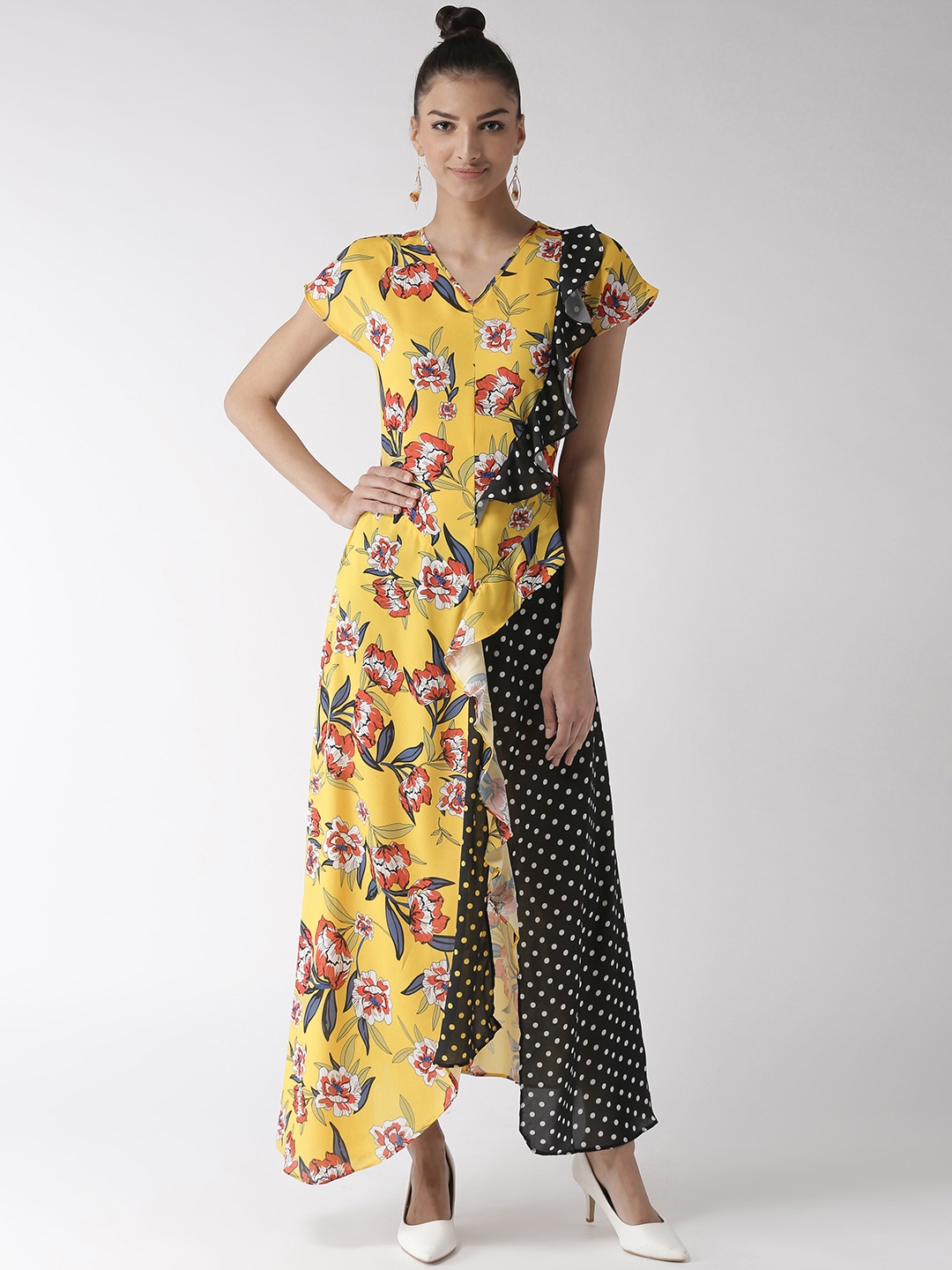 

Madame Women Yellow & Black Floral Print Ruffled Maxi Dress