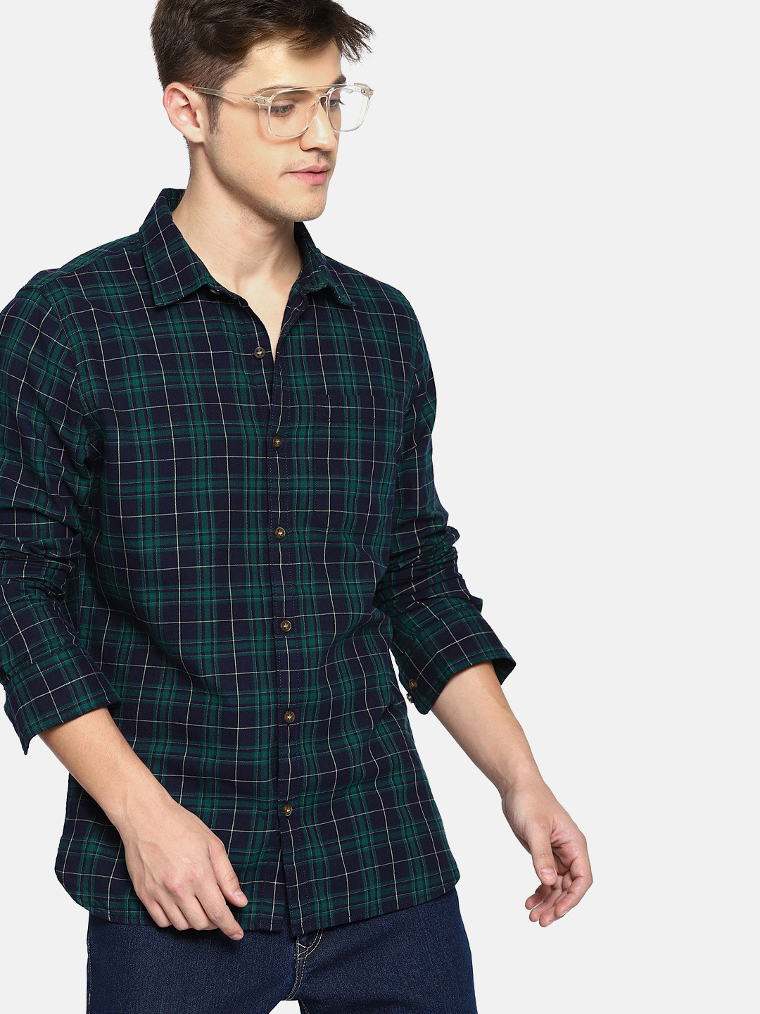 

SINGLE Men Navy & Green Slim Fit Solid Casual Shirt, Navy blue