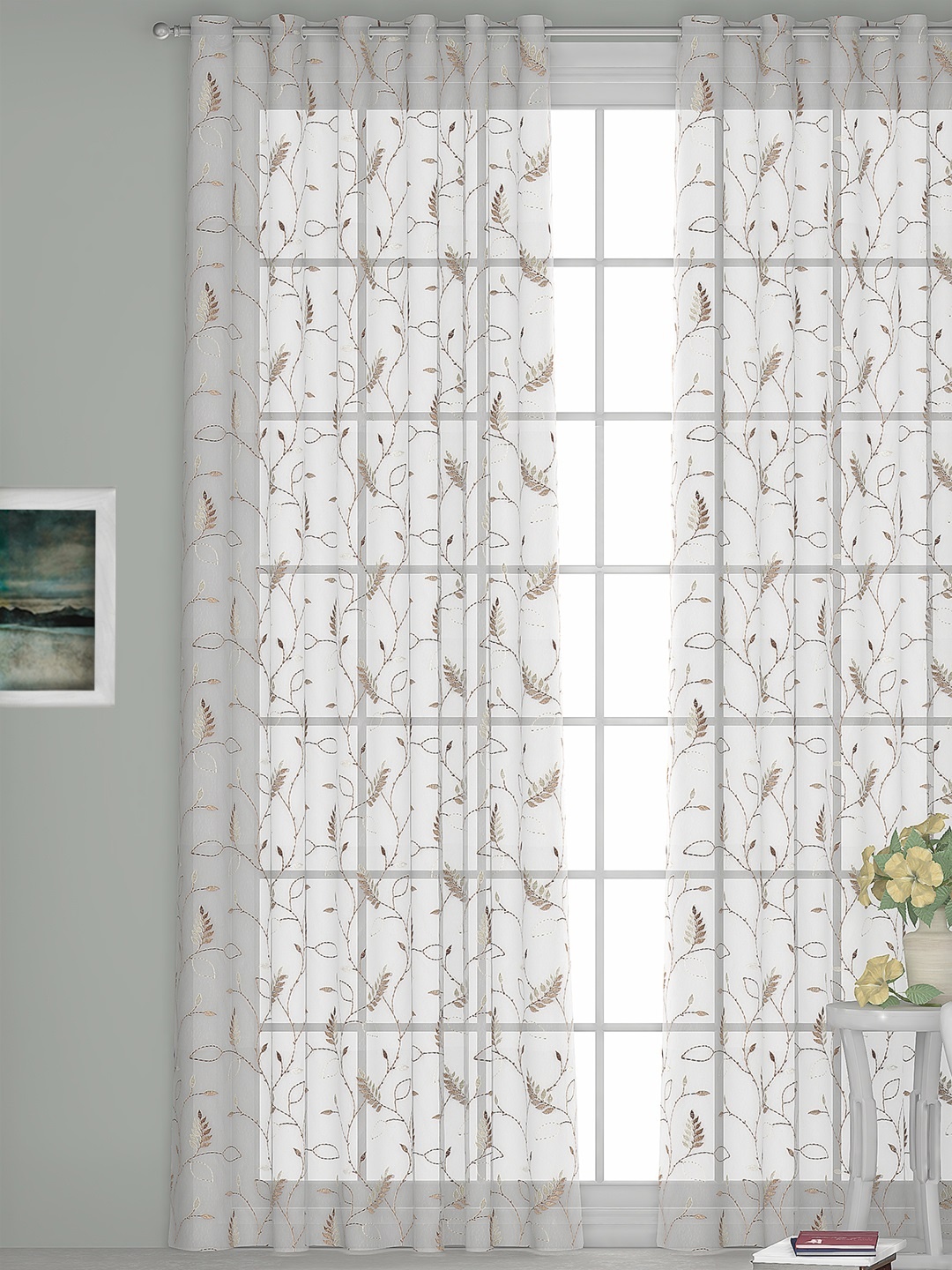 

GM White & Brown Sheer Single Door Curtain