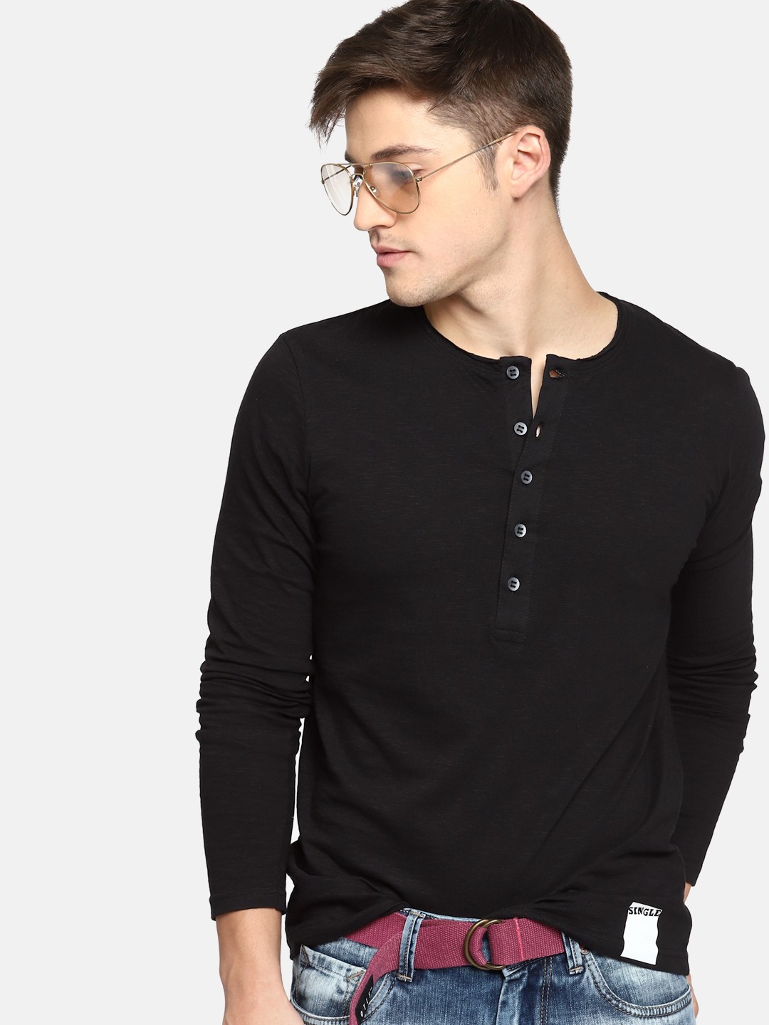 

SINGLE Men Black Solid Henley Neck Pure Cotton T-shirt