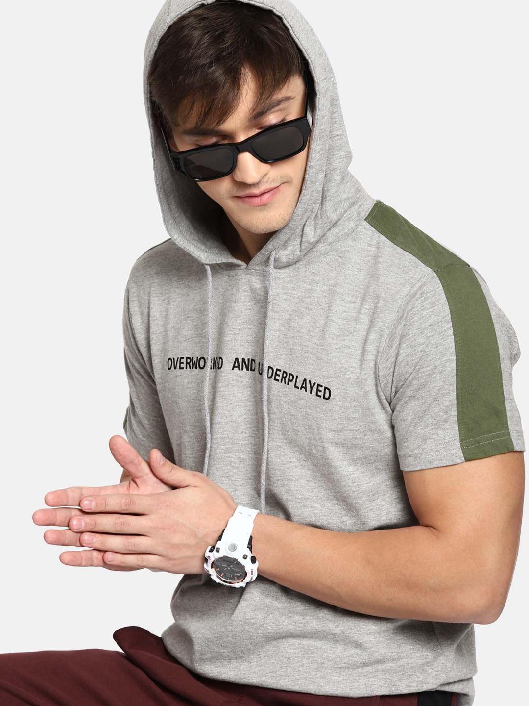 

SINGLE Men Grey Melange Printed Hooded Pure Cotton T-shirt