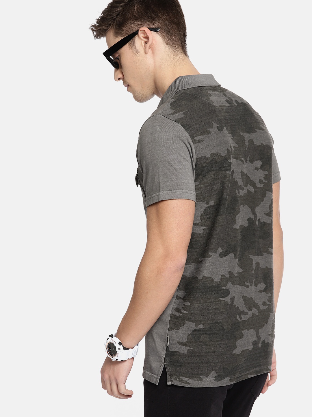 

SINGLE Men Charcoal Grey Camouflage Printed Polo Pure Cotton T-shirt