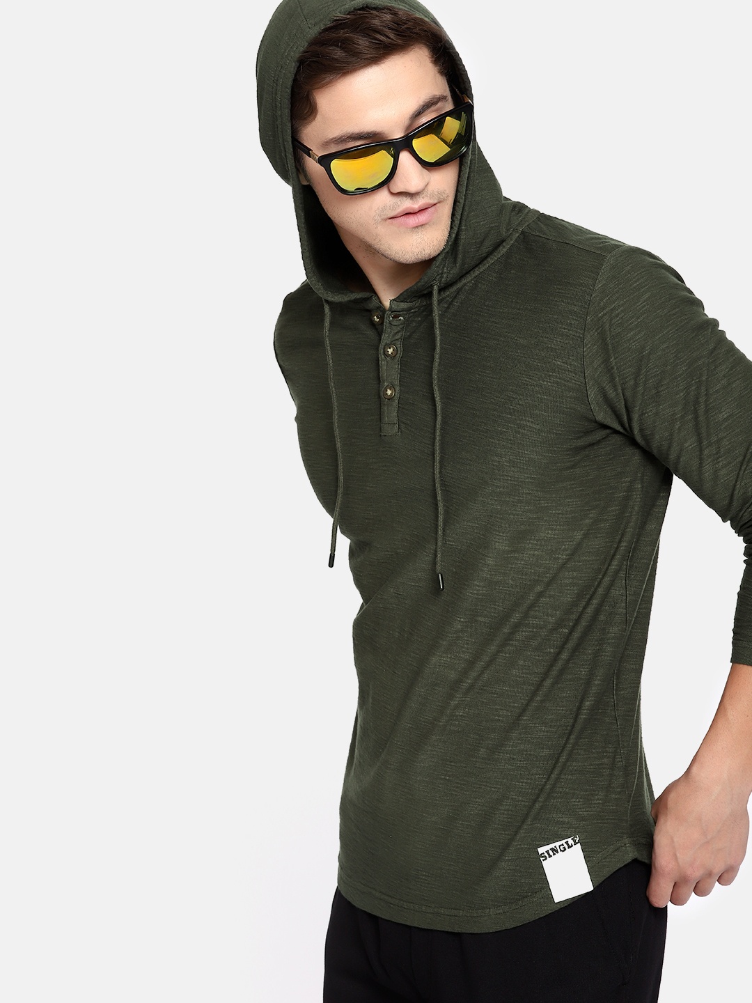 

SINGLE Men Olive Green Solid Hooded Slim Fit Pure Cotton T-shirt