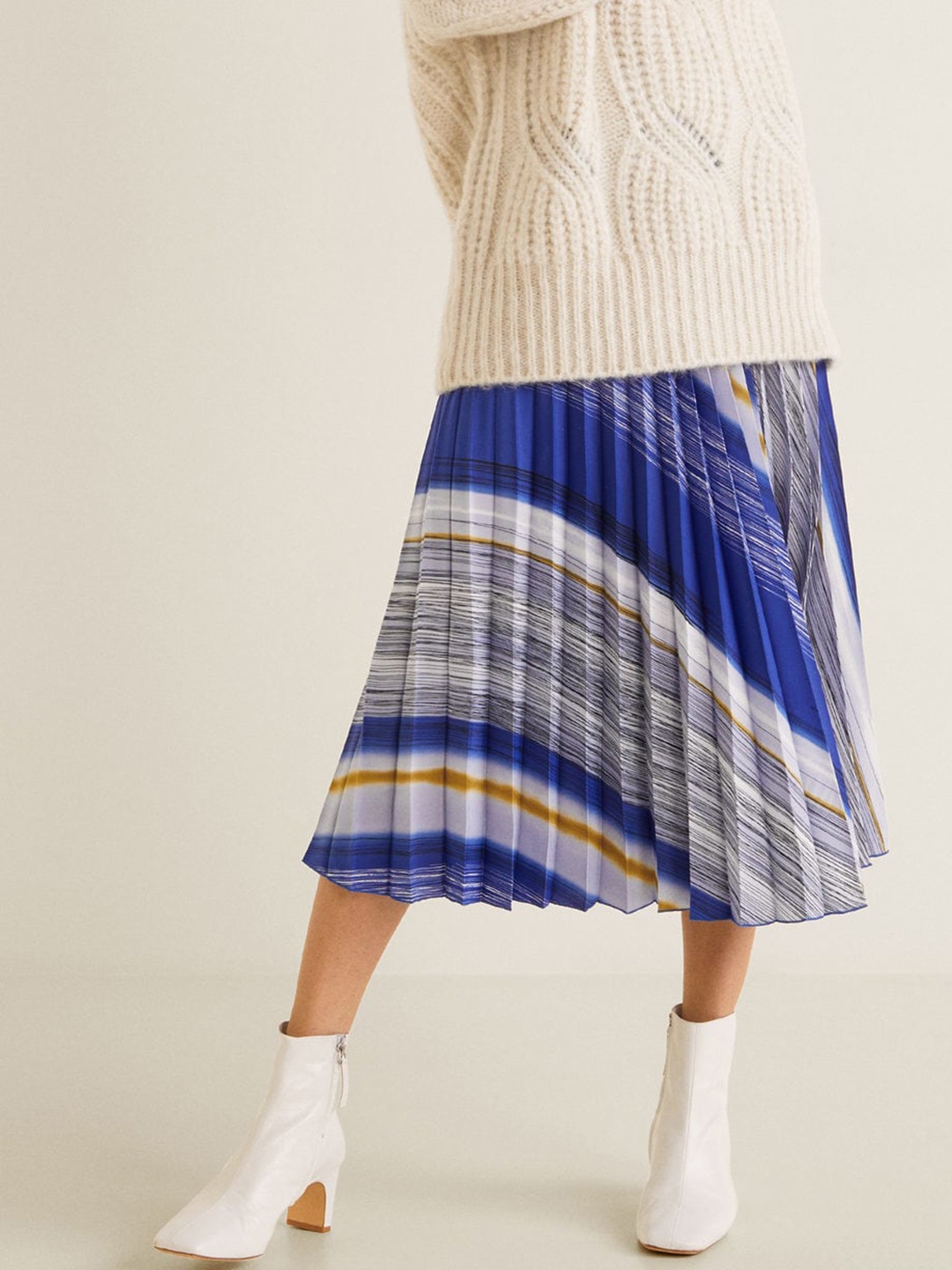 

MANGO Blue Striped Accordion Pleat Midi A-line Skirt