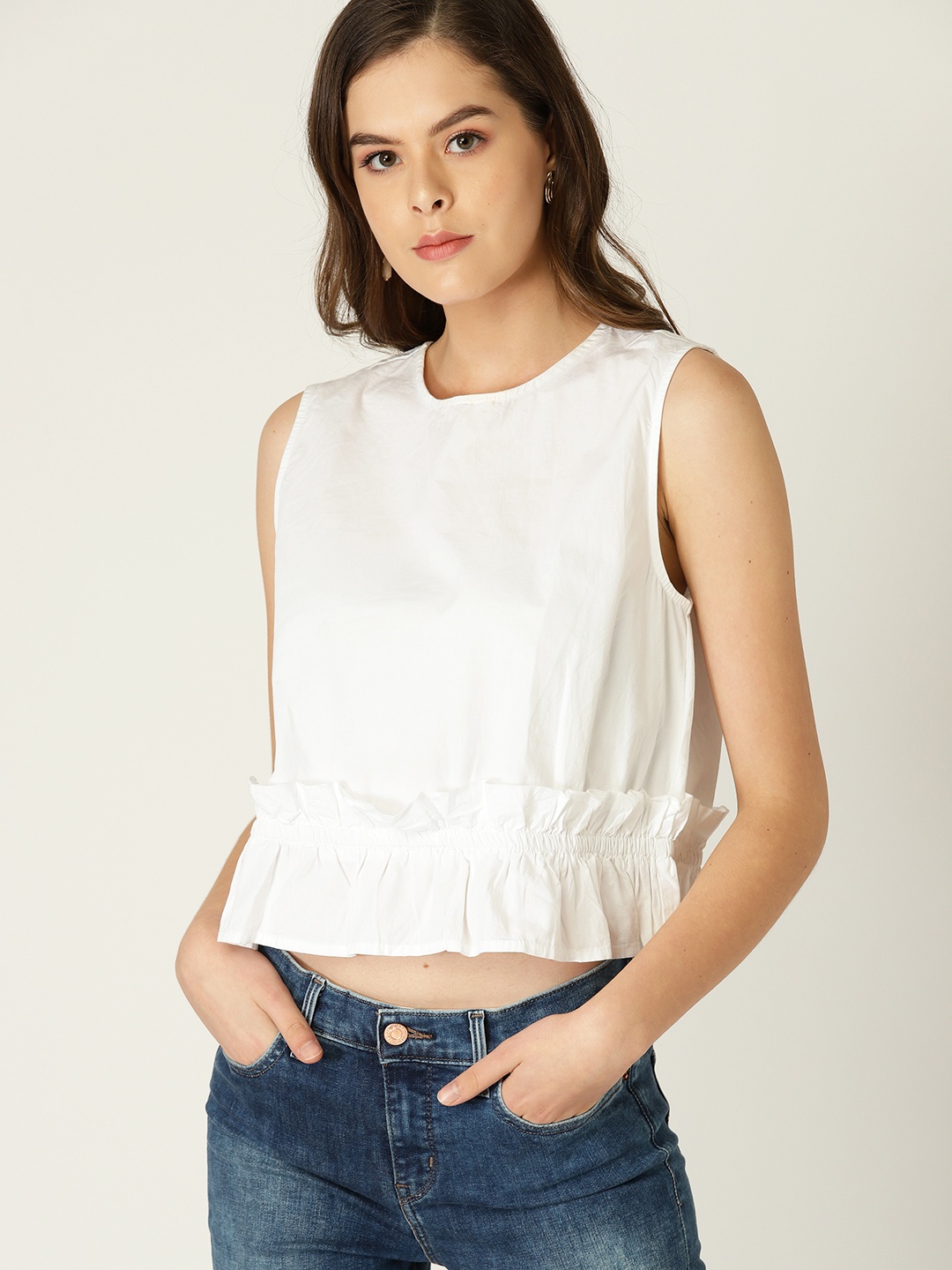 

MANGO Women White Solid Crop Pure Cotton Top