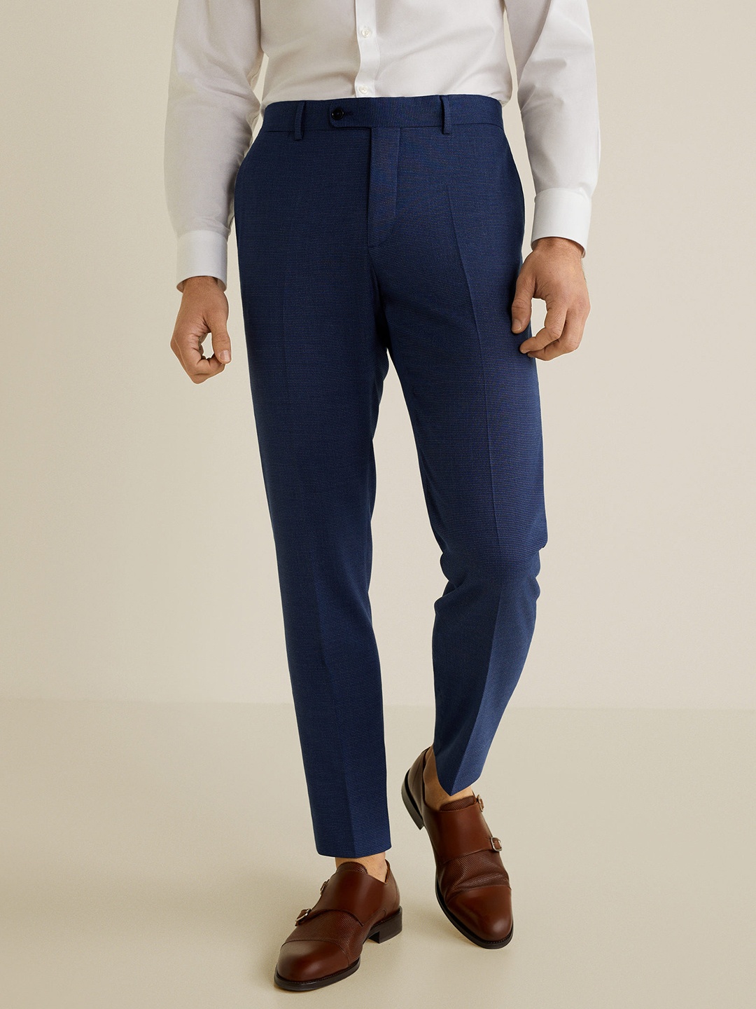 

MANGO MAN Men Navy Blue Regular Fit Self Checked Formal Trousers