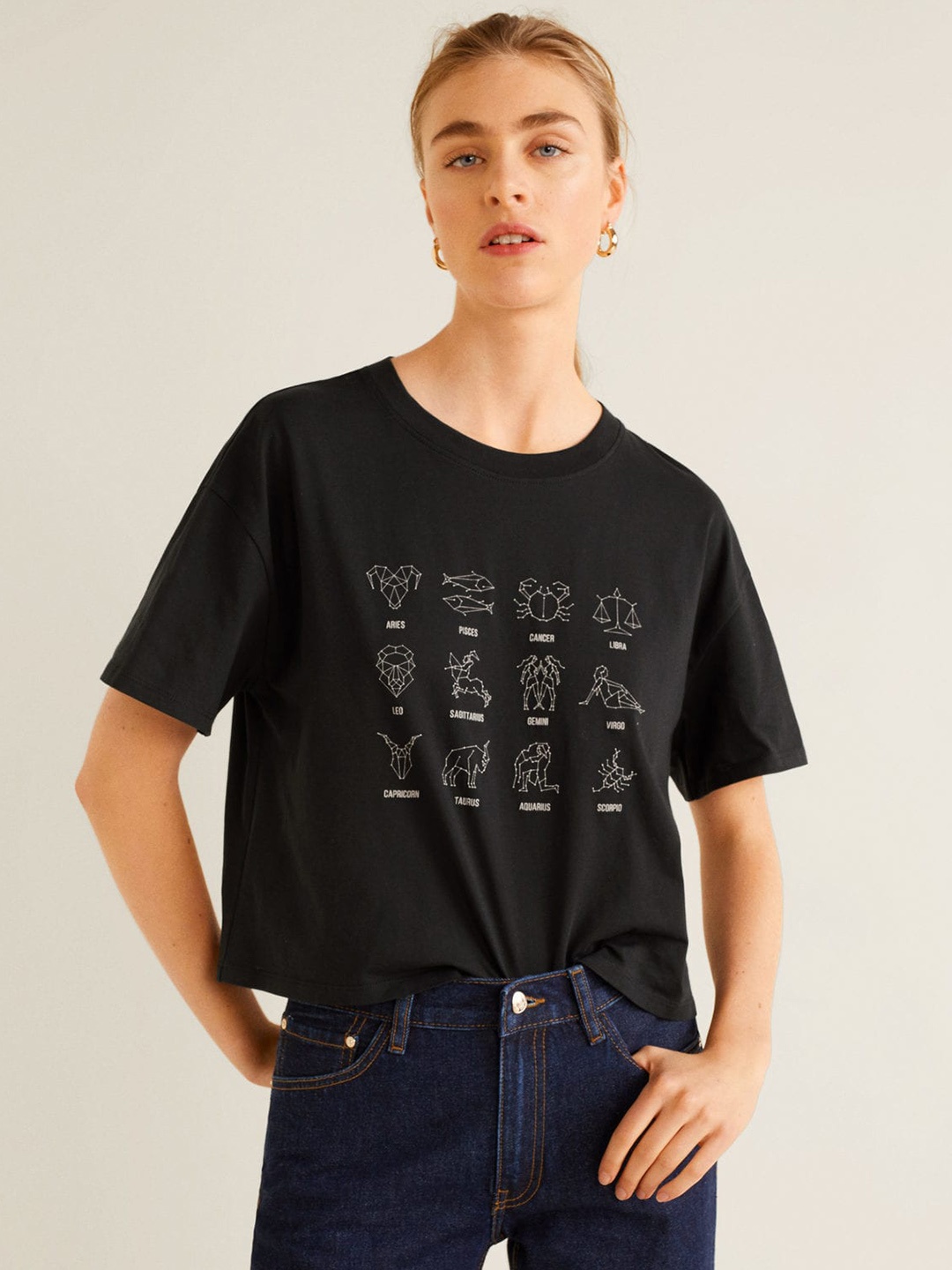 

MANGO Women Black Printed Round Neck Boxy T-shirt