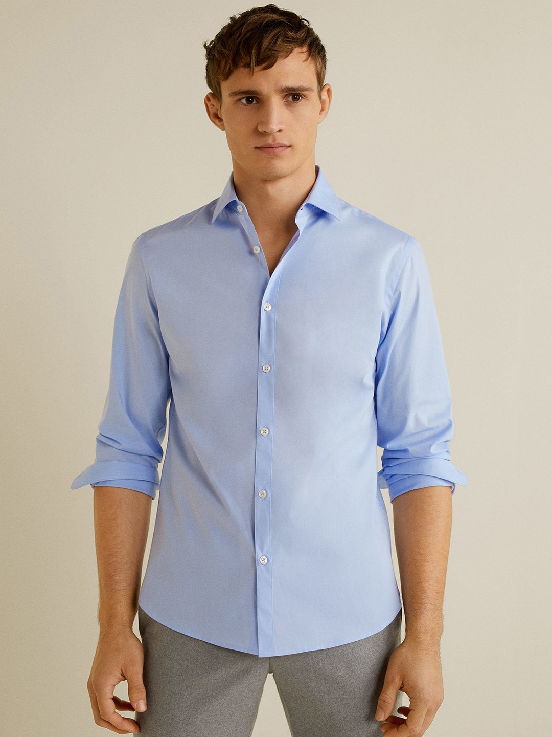 

MANGO MAN Blue Slim Fit Solid Casual Shirt