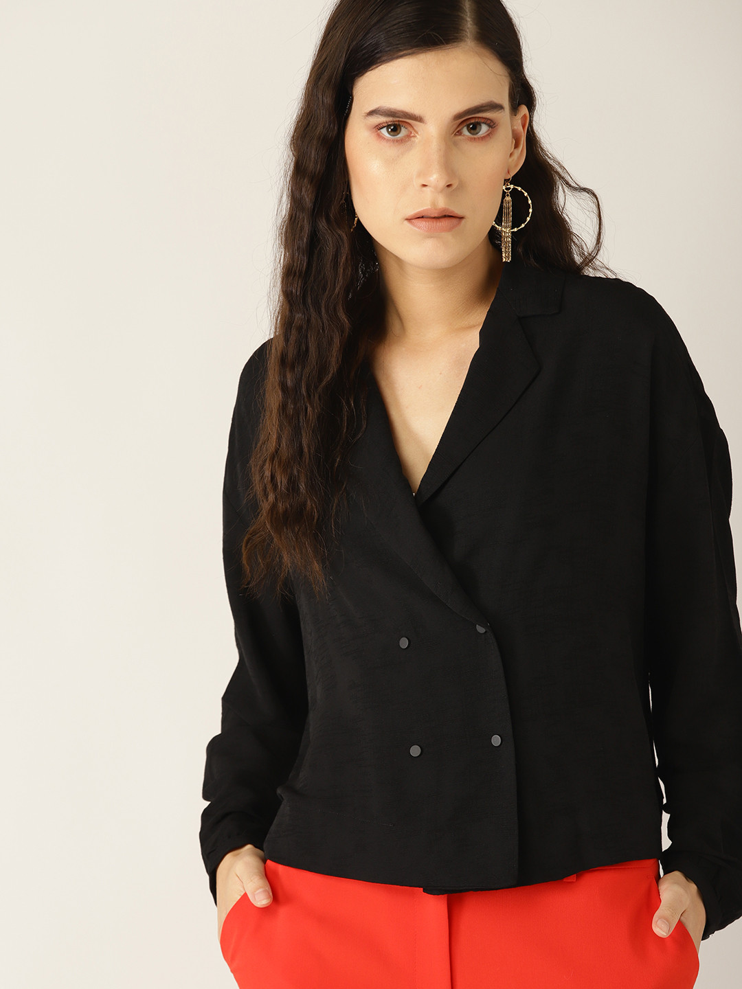 

MANGO Women Black Solid Double-Breasted Boxy Top
