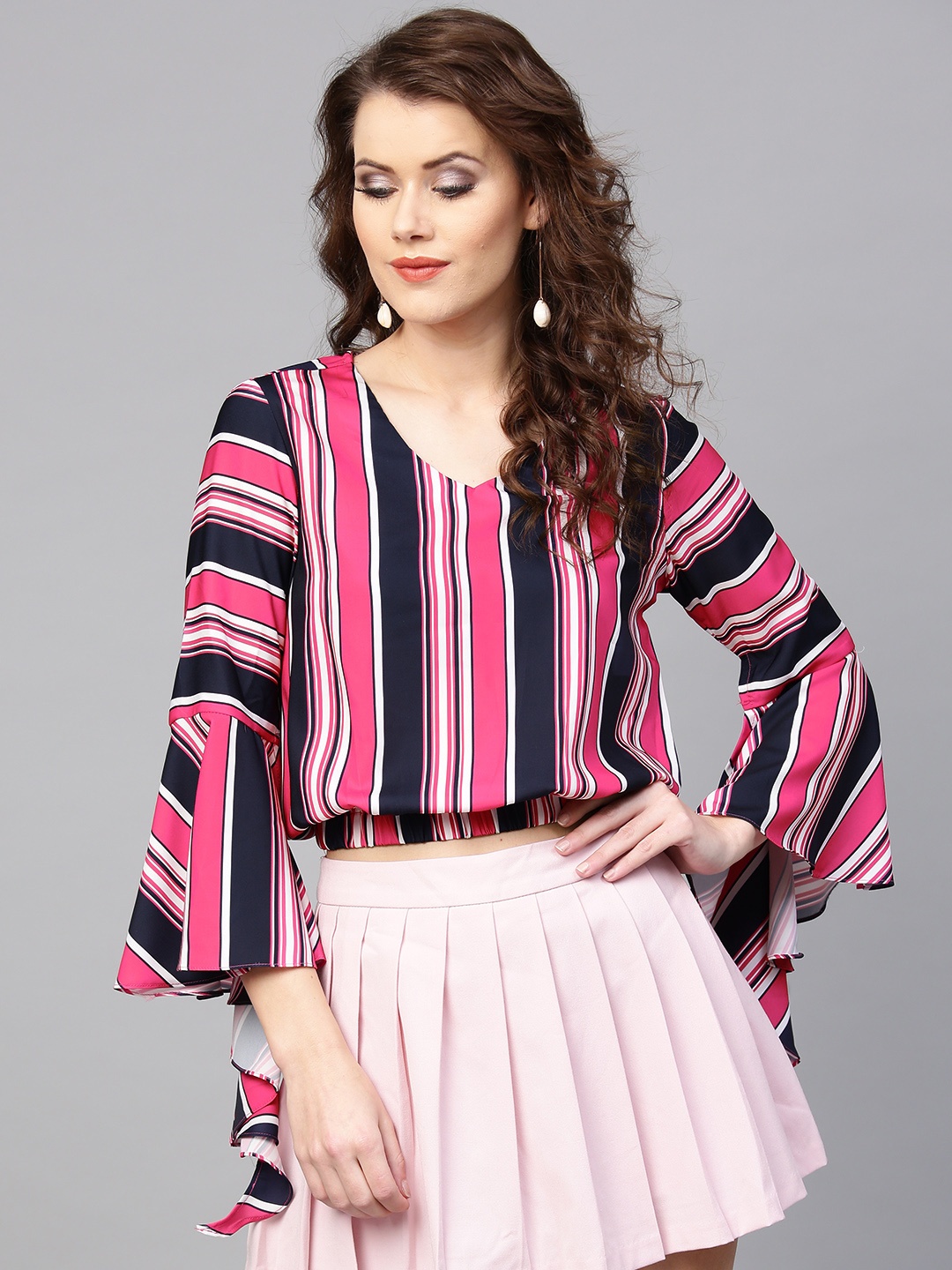 

Zima Leto Women Pink & Navy Striped Crop Blouson Top