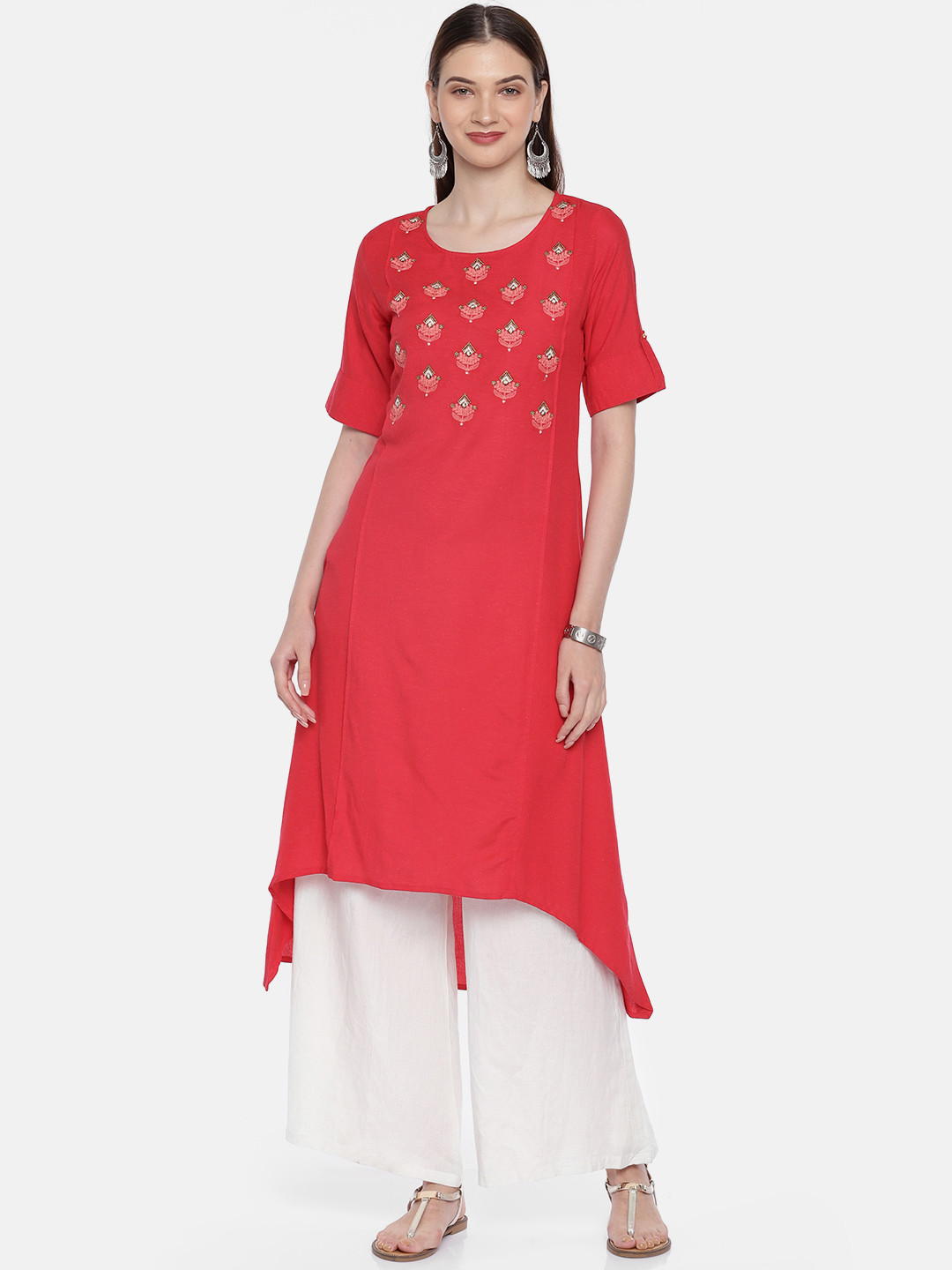 

Span Women Red Embroidered A-Line Asymmetric Kurta