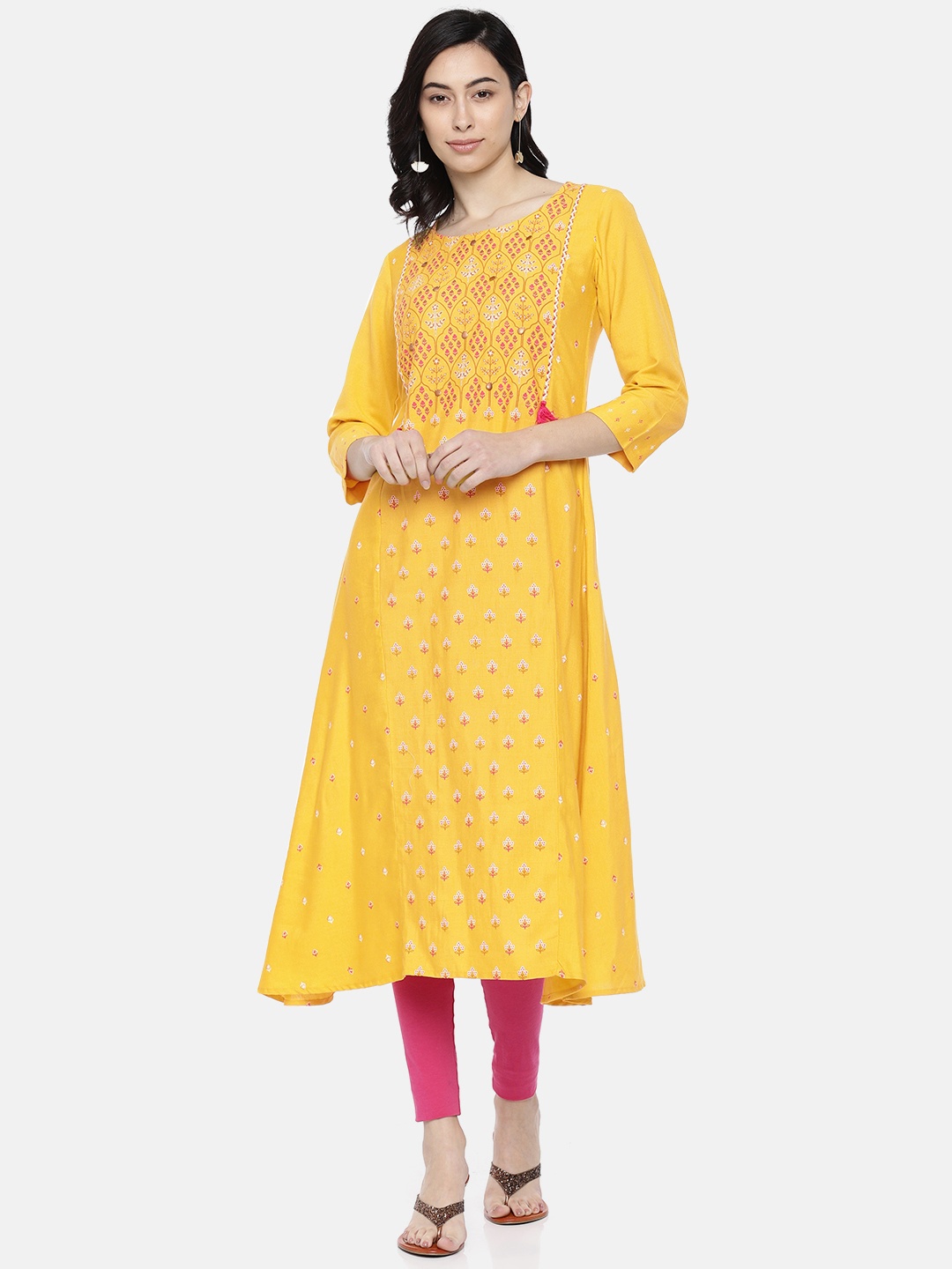 

Span Women Yellow Printed A-Line Kurta