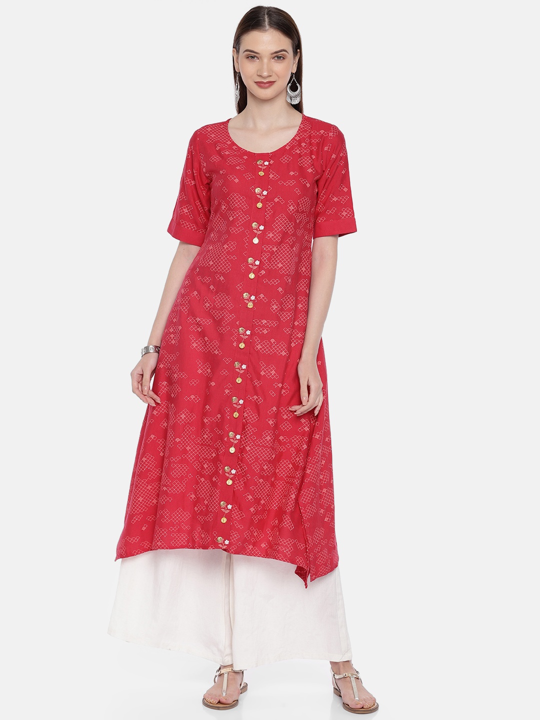 

Span Women Red Printed A-Line Asymmetric Kurta