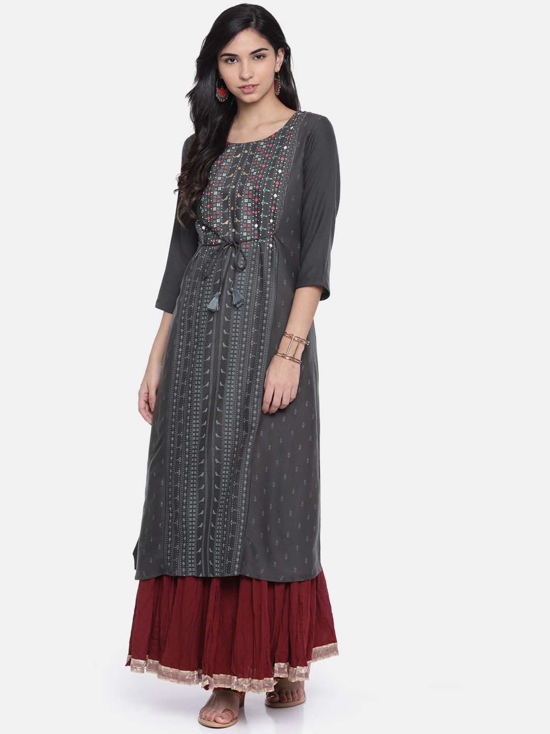 

Span Women Charcoal Grey Printed Straight Kurta